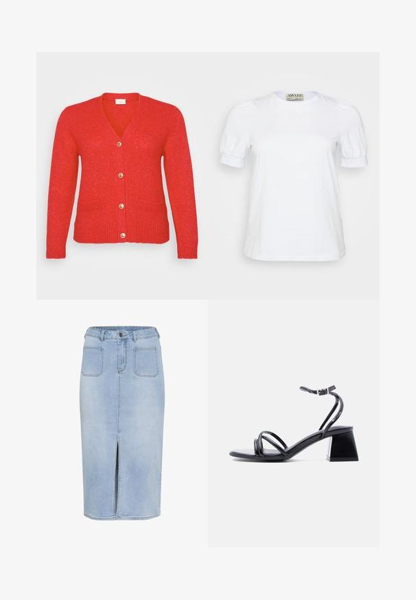 Rød cardigan med V-hals, guldknapper, ribbet kant og manchetter, som har to forlommer og et struktureret strikmateriale.; Hvid kortærmet t-shirt lavet af bomuld, med rund halsudskæring og pufærmer med elastiske manchetter. Simpelt og klassisk design.; Lys blå denim midi-nederdel med en forkortet slids, fem lommer og en tætsiddende talje med bæltestropper og knaplukning.; Sort sandal med stropper, åben tå, ankelspænde og blokhæl, vist i sidelæns syn på en ensartet lys baggrund.