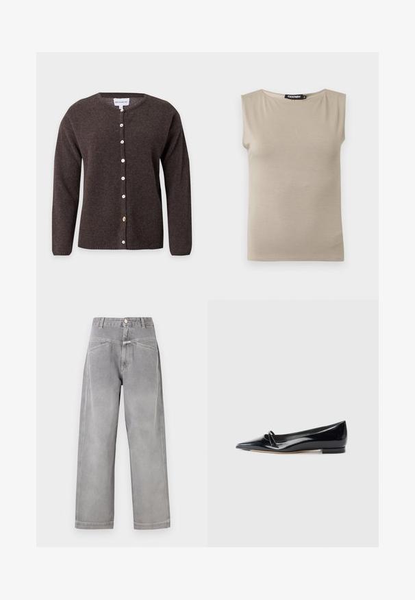 Cardigan marron foncé à boutons, manches longues et col rond, présenté sur un fond clair uni.; Haut beige en coton sans manches avec larges bretelles et col rond, taille moyenne, posé à plat sur fond blanc.; Jean denim gris à jambe large et taille haute avec poches avant, passants pour ceinture, fermeture à bouton et détails de couture visibles.; Chaussure plate en cuir verni noir avec un bout pointu, une petite lanière décorative et un petit talon carré. Texture lisse et design épuré.