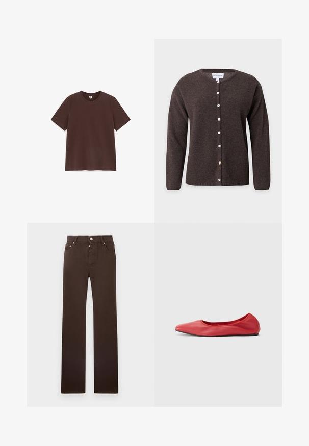 Cardigan marron foncé à boutons, manches longues et col rond, présenté sur un fond clair uni.; T-shirt en coton marron foncé uni à manches courtes avec col rond, posé à plat sur fond blanc.; Jean marron coupe droite en tissu mélange de coton, doté d'une fermeture à boutons, de cinq poches et de lignes épurées sans motifs.; Filippa K REY FLATS - Ballerines - bright red
