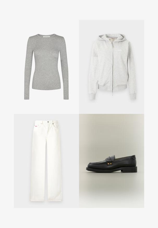 Lysegrå lynlåshættejakke med lange ærmer, ribstrikkede manchetter og kant, forlommer og lille hvid "ellesse"-logo på brystet.; Sofie Schnoor SOFIE SCHNOOR - Langærmet T-shirt - grey mel; Hvide jeans med høj talje og lige ben, med frontlommer, knap- og lynlåslukning samt lille pink logo nær højre lomme.; Sort læder herre loafer med moc-tå-syning, dekorativ rem med to guldknapper og lav stablet hæl på neutral baggrund.