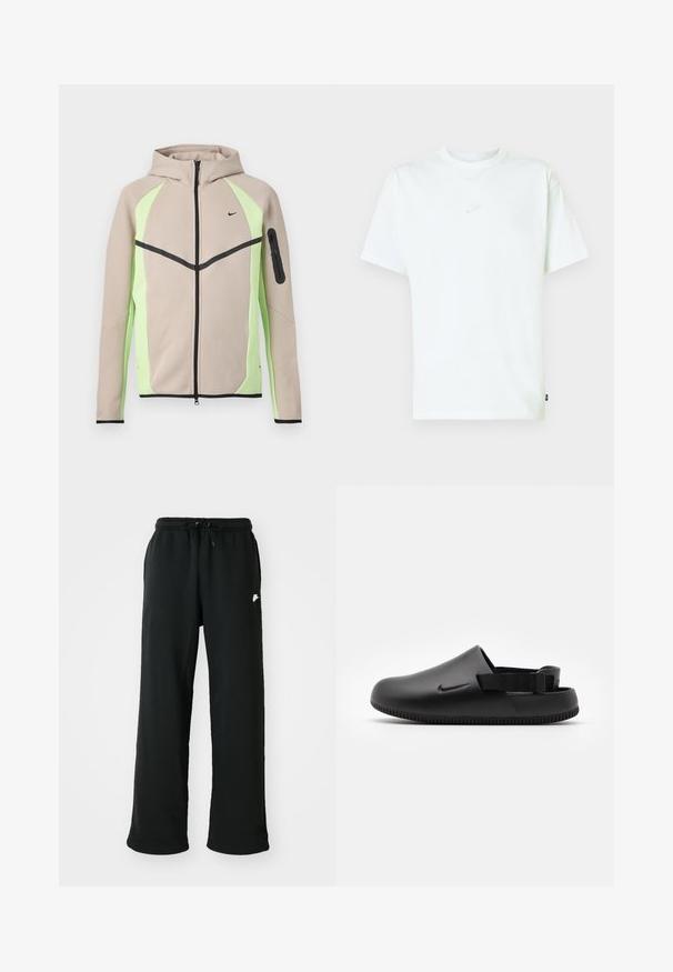 Beige-grüne Kapuzenjacke mit Reißverschluss, schwarzen Akzenten, kleinem Nike-Logo auf der Brust und Reißverschlusstasche am linken Ärmel.; Weißes Baumwoll-T-Shirt mit Rundhalsausschnitt, kurzen Ärmeln und kleinem, reliefgeprägtem Nike-Logo auf der Brust. Weiche Textur und lockere Passform.; Schwarze Jogginghose aus weichem Material, mit einem elastischen Bund und verstellbarem Kordelzug sowie einem kleinen Logo-Detail an der Seite.; Schwarze geformte Clogs mit glatter Textur, einem Hinterriemen für Stabilität und einer geriffelten Sohle für Grip. Mit kleinem Logo an der Seite.