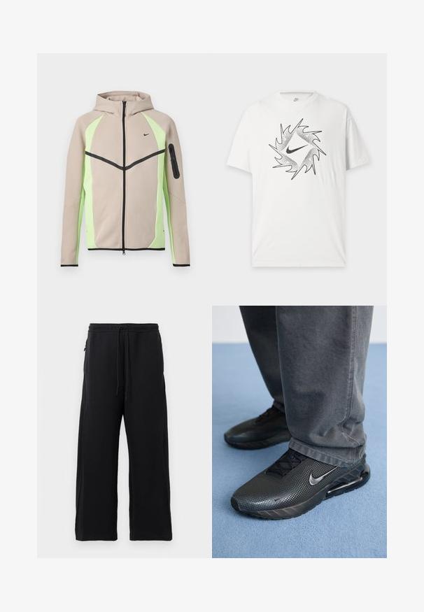 Chaqueta con capucha beige y verde claro con cremallera, con acentos negros, pequeño logo de Nike en el pecho y bolsillo con cremallera en la manga izquierda.; Camiseta blanca de manga corta Nike con un diseño circular abstracto en negro y el logo central Nike swoosh en el frente.; Pantalones de chándal negros hechos de una tela suave, con cintura elástica ajustable, diseño de pierna ancha y bolsillos laterales con una textura lisa.; Zapatillas deportivas negras de Nike con un upper texturizado, detalles perforados y una unidad de amortiguación visible, combinadas con pantalones grises.