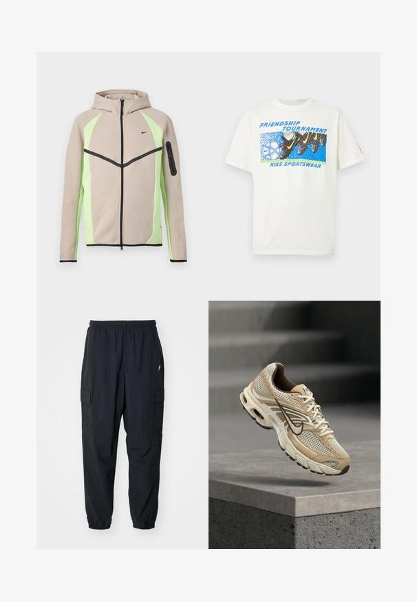 Beež ja heleroheline kapuutsiga lukujope mustade detailidega, väike Nike logo rinnal ja lukuga tasku vasakul varrukal.; Valge T-särk, millel on jalgpallijalatsite graafika, mis löövad sinise ja valge Nike jalgpalli, tekstiga "Sõprusturniir" ja "Nike Sportswear."; Mustad mustad püksid kergest materjalist, elastse vöökoha, küljetaskute ja lõdva istuvuse ning elastsete mansettidega.; Beež ja valge Nike jooksujalats võrkpaneelidega ja musta Swoosh-logoga, hõljumas betoonist äärise kohal, taustal udused trepid.