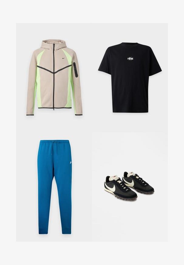 Beige-grüne Kapuzenjacke mit Reißverschluss, schwarzen Akzenten, kleinem Nike-Logo auf der Brust und Reißverschlusstasche am linken Ärmel.; Schwarzes Nike-T-Shirt mit kurzen Ärmeln und kleinem weißem pixeligem Logo und Swoosh in der Mitte der Brust.; Blaue Sweathosen mit elastischem Bund und verstellbarem Kordelzug. Mit einem weißen Logo auf dem Oberschenkel und tapered Bündchen an den Knöcheln.; Schwarze Sportschuhe mit einer strukturierten Oberseite, weißem Swoosh-Logo und einer Gummisohle, die mit kleinen Noppen für besseren Halt ausgestattet ist. Beigefarbener Kragen.