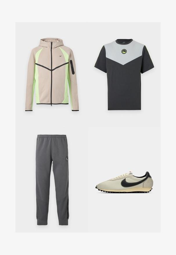Chaqueta con capucha beige y verde claro con cremallera, con acentos negros, pequeño logo de Nike en el pecho y bolsillo con cremallera en la manga izquierda.; Camiseta de manga corta Nike en gris oscuro y gris claro con diseño en chevrón, logo circular en verde y detalles en neón contrastantes en los hombros.; Pantalones de chándal grises hechos de una tela suave con una cintura elástica, piernas ajustadas, paneles laterales y un parche de logo circular.; Zapatillas de lona beige con acentos de cuero negro, puntera redondeada, suela plana negra y cordones blancos. Presenta un logotipo negro destacado.