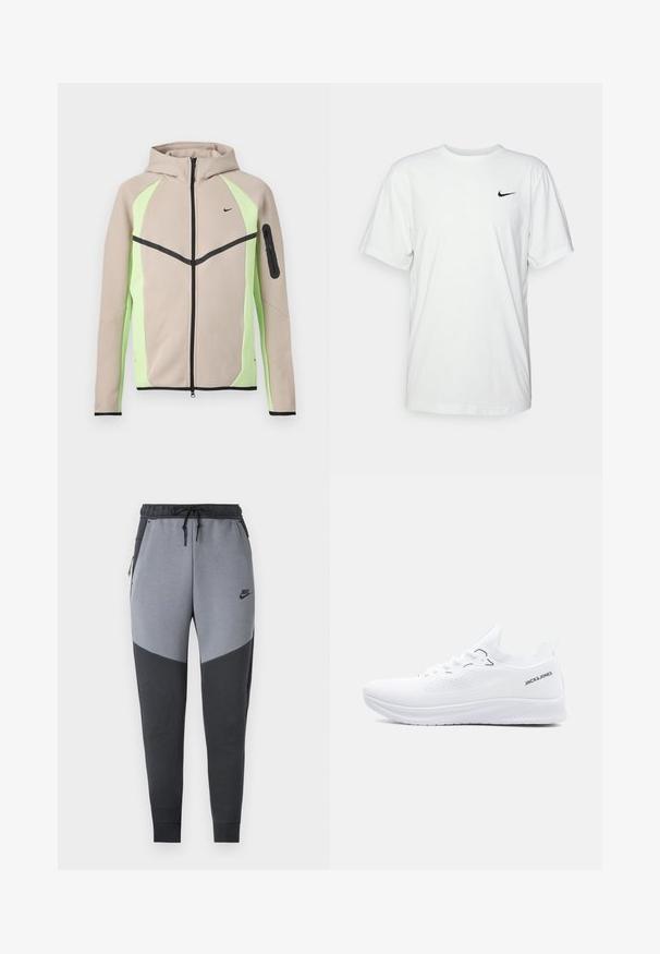 Beige og lysegrøn hættetrøje med lynlås, sorte detaljer, lille Nike-logo på brystet og lynlåslomme på venstre ærme.; Hvid bomulds T-shirt med korte ærmer, rund halsudskæring og et sort Nike-logo på venstre bryst. Glat, let stof.; Nike joggers i grå og sort med et trekantet farveblokdesign, elastisk talje med snøre og sidelommer.; Hvid strikket lavtop-sneaker med tekstureret sål, snørelukning foran og "JACK & JONES" logo på hælkantens side.