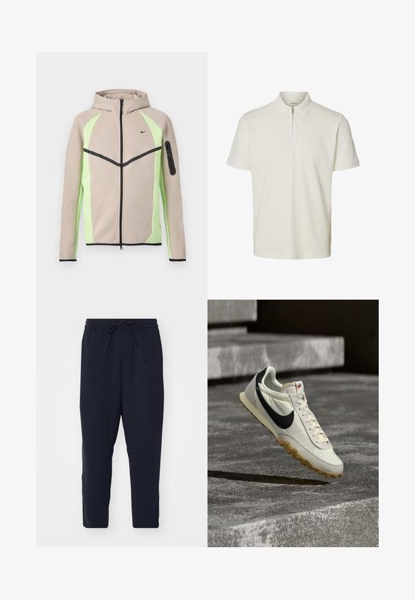 Beige-grüne Kapuzenjacke mit Reißverschluss, schwarzen Akzenten, kleinem Nike-Logo auf der Brust und Reißverschlusstasche am linken Ärmel.; Weißes Polo-Shirt mit kurzen Ärmeln, vertikal gerippter Struktur und einer Reißverschlussöffnung vorne unter dem Kragen.; Navy Jogginghose aus weichem Stoff, mit elastischem Bund und Kordelzug, schmal zulaufenden Beinen und Seitentaschen.; Weißer und schwarzer Nike-Sneaker mit Kautschuksohle, über Betontreppen schwebend, beleuchtet von natürlichem Sonnenlicht.