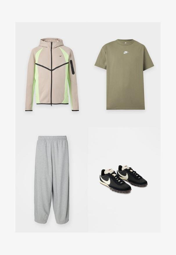 Beige og lysegrøn hættetrøje med lynlås, sorte detaljer, lille Nike-logo på brystet og lynlåslomme på venstre ærme.; Olivengrøn kortærmet Nike T-shirt med rund hals og hvidt logo på brystet på en ensfarvet lys grå baggrund.; Lys grå, løstsiddende sweatpants lavet af blød stof. Elastisk talje og manchetter ved anklerne. Enkel og udekoreret design.; Sorte sportssko med en struktureret overdel, hvid swoosh-logo og gummisål med små stik til trækkraft. Elfenbensfarvet krave.