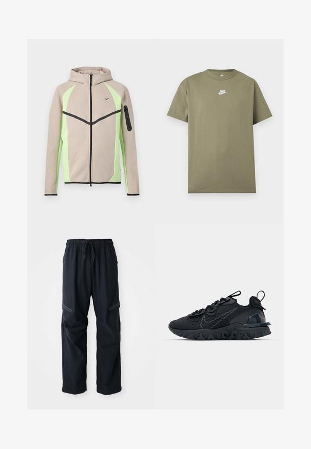 Beige en lichtgroene capuchonjas met ritssluiting, zwarte accenten, klein Nike-logo op de borst en een zak met ritssluiting op de linkermouw.; Olijfgroene Nike T-shirt met korte mouwen en ronde hals met een wit logo op de borst op een effen lichtgrijze achtergrond.; Zwarte casual broek met elastische tailleband, trekkoord en ritszakken op een witte achtergrond.; Zwarte sportieve schoen met een ademende bovenkant van mesh, gestructureerde accenten en een golvende rubberen zool. Heeft een reflecterende logo en vetersysteem.