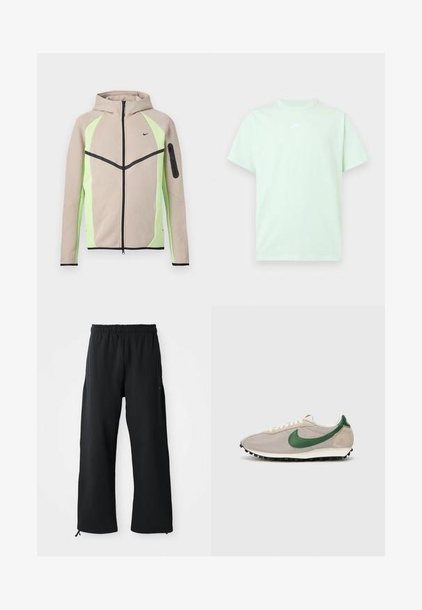 Beige og lysegrøn hættetrøje med lynlås, sorte detaljer, lille Nike-logo på brystet og lynlåslomme på venstre ærme.; Lys grøn Nike T-shirt med korte ærmer, rund hals og lille hvidt logo centreret på brystet mod en ensfarvet baggrund.; Sorte bukser med brede ben lavet af blødt stof, med elastisk talje og snøre, sidelommer og en glat overflade.; Beige løbesko med grønne ruskindsdetaljer, struktureret mesh-overdel, cremefarvede snørebånd og sort gummisål med trækkraftsstifter.