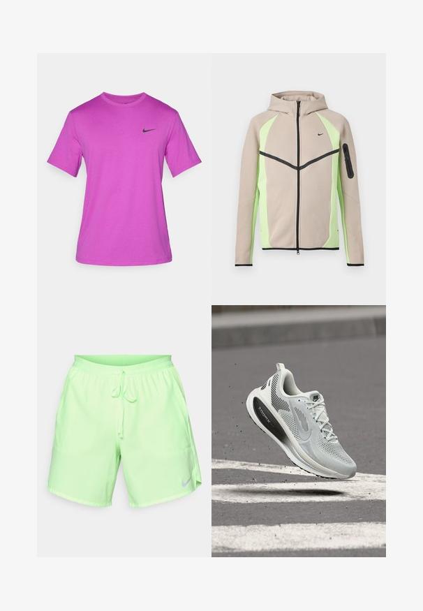 Beige-grüne Kapuzenjacke mit Reißverschluss, schwarzen Akzenten, kleinem Nike-Logo auf der Brust und Reißverschlusstasche am linken Ärmel.; Lila Kurzarm-T-Shirt aus einem glatten Stoff, mit einem schwarzen Nike-Logo auf der linken Brustseite. Klassischer Rundhalsausschnitt.; Hellgrüne Sportshorts mit verstellbarem Kordelzugbund und Seitentaschen, versehen mit einem kleinen reflektierenden Nike-Swoosh am linken Bein.; Hellgrauer Sportschuh mit schwarzer "ZoomX"-Sohle, weißen Schnürsenkeln und "RUN"-Aufschrift, schwebt in der Luft über asphaltiertem Untergrund mit weißen Streifen.