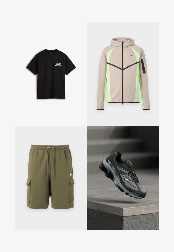 Beige og lysegrøn hættetrøje med lynlås, sorte detaljer, lille Nike-logo på brystet og lynlåslomme på venstre ærme.; Vans CHAOS - T-shirts print - black; Olivengrønne Nike cargoshorts med elastisk taljebånd, justerbar snøre, sidelommer med klap og lille hvid Nike-logo på venstre lår.; Grå og sort atletiksko med meshpaneler og tyk sål, placeret i luften over en betonliste med trapper i baggrunden.