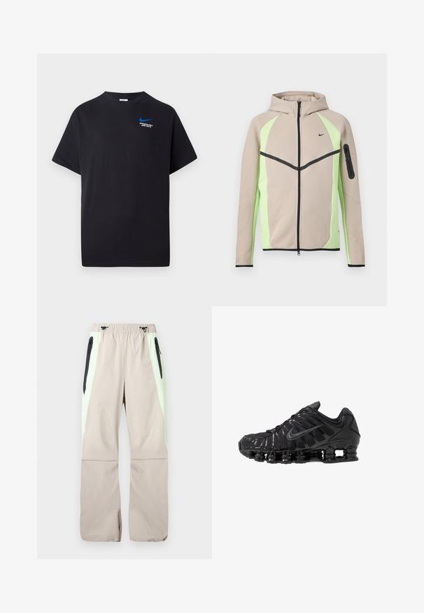 Beige og lysegrøn hættetrøje med lynlås, sorte detaljer, lille Nike-logo på brystet og lynlåslomme på venstre ærme.; Sort kortærmet T-shirt med lille blå Nike swoosh og hvid tekst "ATHLETIC DEPT JUST DO IT." på øverste venstre bryst.; Beige bukser med lysegrønne sidepaneler, sorte lår-lommer med lynlås og elastisk talje med sorte snore.; Sorte atletikskoser lavet af mesh og syntetiske materialer, med et karakteristisk bølget design, sort gummisål og reflekterende detaljer.