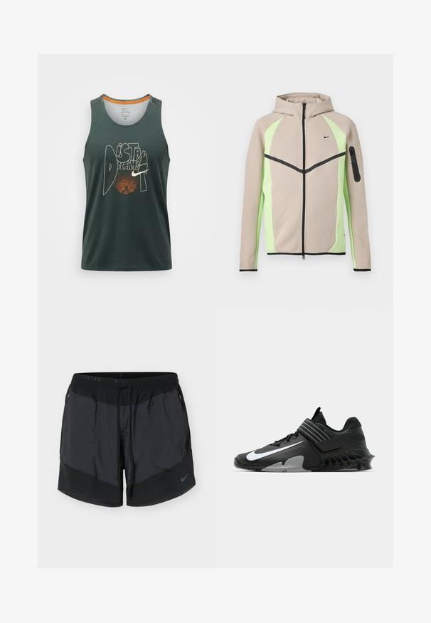 Veste à capuche beige et vert clair avec fermeture éclair, détails en noir, petit logo Nike sur la poitrine et poche zippée sur la manche gauche.; Débardeur de course Nike vert foncé sans manches avec le texte « DISTANT DREAMS » et un motif de cercle pointillé orange sur le devant.; Short de course Nike noir avec poches latérales zippées et taille à cordon, avec un petit logo Swoosh Nike sur la jambe gauche.; Baskets de sport noires au design épuré, avec un logo Nike blanc bien en vue, des surcouches texturées et une semelle moulée distincte.
