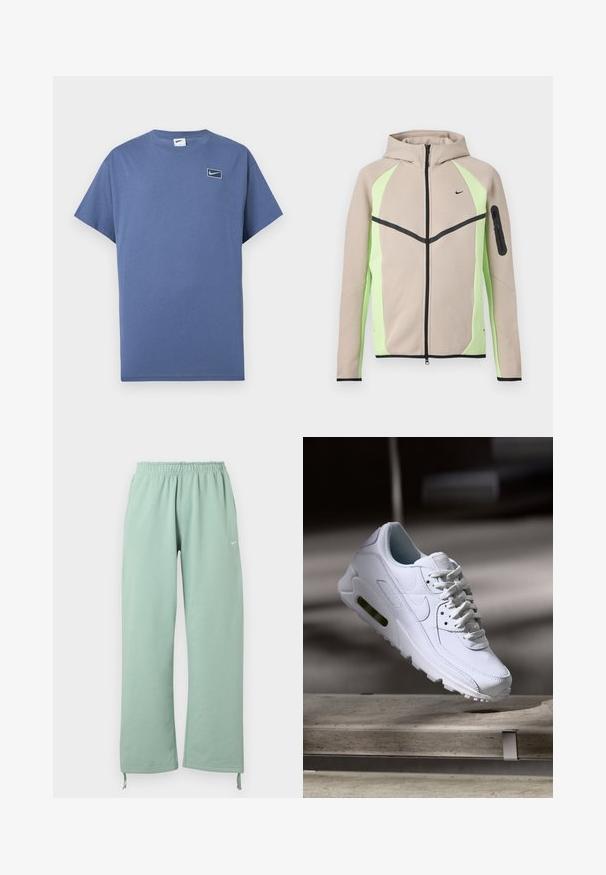 Beige and light green hooded zip-up jacket with black accents, small Nike logo on chest, and zippered pocket on left sleeve.; Blue short-sleeve crew neck T-shirt with small Nike swoosh logo inside a rounded square on the left chest.; Light green wide-leg sweatpants with elastic waistband, Nike logo on left thigh, and adjustable ties at the hems.; White leather sneaker with textured surfaces, padded collar, and visible air cushioning in sole. Features laces and a minimalistic design.