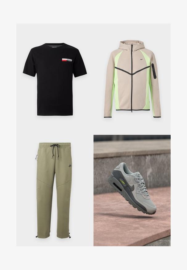 Béžová a svetlozelená zipsová bunda s kapucňou a čiernymi akcentmi, malým logom Nike na hrudi a vreckom na zips na ľavom rukáve.; Čierne bavlnené tričko s malým logom a obdĺžnikovým farebným blokom v červenej a bielej farbe na ľavej oblasti hrude.; Olivovo zelené teplákové nohavice Nike s čiernymi sťahovacími šnúrkami, bočným vreckom na zips, panelmi na kolenách a nastaviteľnými viazaniami na členkoch.; Sivá teniska Nike Air Max s čiernym logom, detailmi z mriežky a kože, vznášajúca sa nad ružovkastým kamenným povrchom a betónovým pozadím.