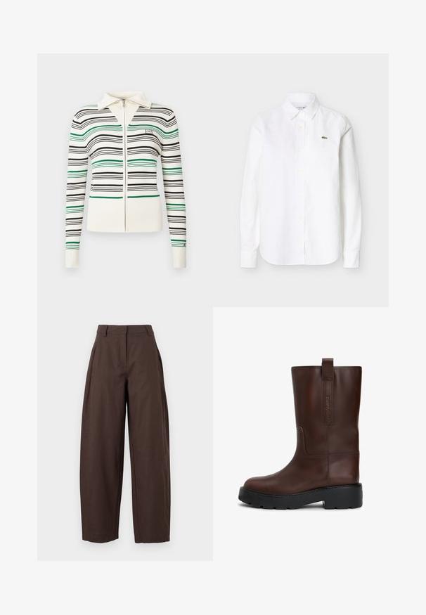 Sweatshirt crème zippé avec des rayures horizontales noires et vertes, col, poignets et ourlet côtelés, et petit logo brodé sur la poitrine et la manche.; Chemise blanche à manches longues avec col et boutons, ornée d'un petit logo crocodile vert sur la poitrine gauche.; Pantalon marron taille haute à jambes larges, avec passants ceinture, poches latérales, et fermeture éclair et bouton à l'avant.; Bottes en cuir marron à la cheville avec un bout rond, une épaisse semelle noire et une languette à l'arrière. Présente des détails de logo subtils sur le côté.