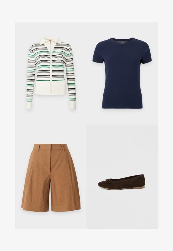 Sweatshirt crème zippé avec des rayures horizontales noires et vertes, col, poignets et ourlet côtelés, et petit logo brodé sur la poitrine et la manche.; T-shirt à manches courtes en maille côtelée bleu marine avec encolure ronde et silhouette ajustée sur fond blanc.; Short marron taille haute longueur genou avec passants de ceinture, plis devant et fermeture éclair avant cachée sur fond clair.; Ballerines en daim marron avec un bout arrondi, un petit nœud décoratif à l'avant et une semelle plate beige. Design simple et minimaliste.
