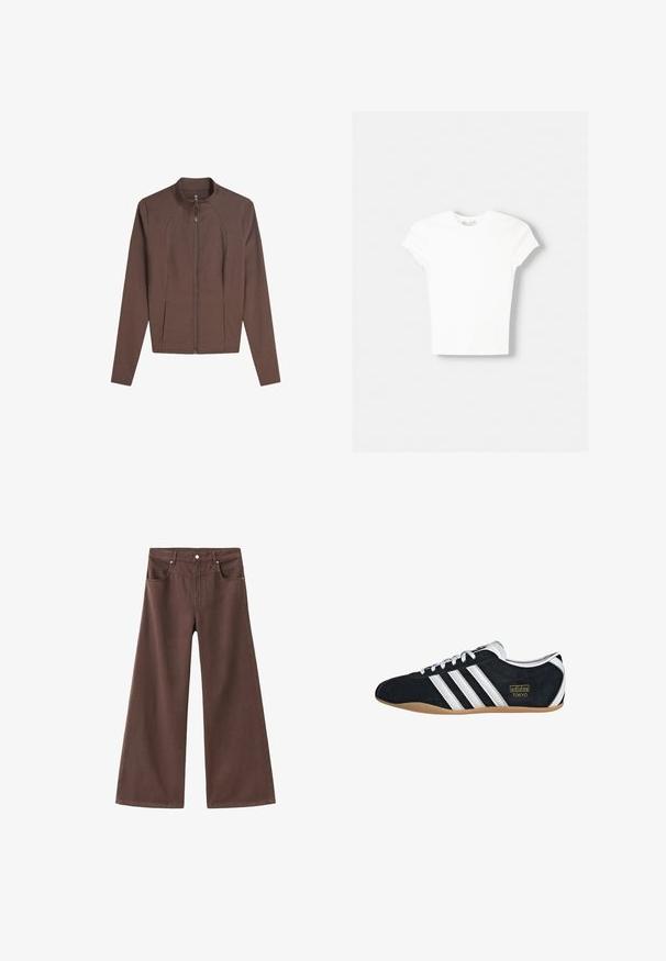 Veste marron à manches longues avec fermeture éclair sur toute la longueur, col montant et deux poches avant, posée à plat sur un fond blanc.; T-shirt blanc à manches courtes en coton doux, avec un col rond et une coupe ajustée. Pas de motifs ni d'ornements visibles.; Jean large marron en denim. Dispose de cinq poches, d'une fermeture éclair et de rivets en métal. Texture lisse et design classique.; Sneakers en suede noir avec trois bandes blanches, logo doré et semelle en caoutchouc marron. Présente un design à lacets à profil bas.
