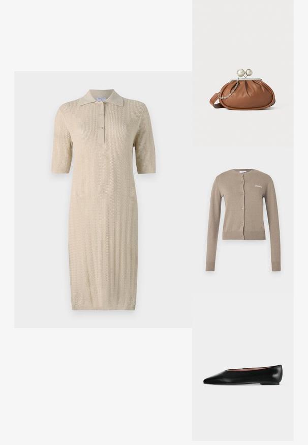 Beige vest met een ronde halslijn, lange mouwen en knoopsluiting. Heeft geribde manchetten en zoom, met een klein wit logo aan de voorkant.; Gehaakte crèmekleurige jurk met korte mouwen, polokraag en knoopsluiting. Heeft een textuurpatroon dat verticaal over de stof loopt.; Zwarte leren damesschoen met platte zool, puntige neus en lage hak, zijwaarts afgebeeld tegen een effen lichtgrijze achtergrond.; Bruine leren clutch met een zilveren balsluiting en een klein zilveren kettingdetail op een witte achtergrond.