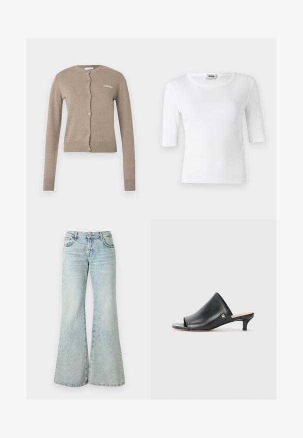 Beige vest met een ronde halslijn, lange mouwen en knoopsluiting. Heeft geribde manchetten en zoom, met een klein wit logo aan de voorkant.; Witte geribde T-shirt met een ronde halslijn en ellebooglange mouwen. Gemaakt van zacht materiaal met een gladde textuur. Label zichtbaar bij de halslijn.; Lichtblauwe flared jeans van denim, met een hoge taille, zakken en rafelige zomen. De stof heeft een vervaagde wassing en een subtiele textuur.; Zwarte leren open teen muiltjes met een lage hak. Heeft een glad oppervlak en een gouden logo accent aan de zijkant.