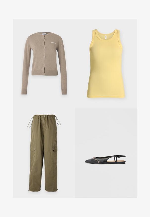 Beige neuletakki, jossa on pyöreä pääntie, pitkät hihat ja napitus. Hihansuissa ja helmassa on resori, ja edessä on pieni valkoinen logo.; Keltainen hihaton ribbineuleinen toppi pyöreällä pääntiellä, esitetty yksinkertaisella vaaleanharmaalla taustalla.; Harmaat oliivinvihreät cargo-housut, joissa on joustava vyötärö, naru ja taskut molemmin puolin; valmistettu kevyestä, teksturoidusta kankaasta.; Mustat nahkaiset, kärjestä terävät slingback-tasapohjaiset kengät, joissa kullanvärisiä koristehelmiä päällä ja pieni solkisilmukka kantapään kohdalla.