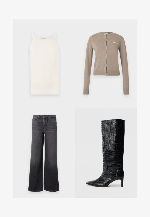 Beiger Cardigan mit rundem Ausschnitt, langen Ärmeln und Knopfverschluss. Mit gerippten Bündchen und Saum sowie einem kleinen weißen Logo auf der Vorderseite.; Cremefarbenes, geripptes Tanktop mit dünnen Trägern, figurbetonendem Design und geradem Saum. Das Etikett trägt die Aufschrift "IVY OAK." Das Material scheint weich und dehnbar zu sein.; Weit geschnittene, dunkelgraue Jeans aus Denim mit einem dezenten Fade. Sie verfügen über einen Knopfverschluss, fünf Taschen und einen geraden Saum am Knöchel.; Schwarze kniehohe Stiefel mit glänzender, krokodilgeprägter Textur, spitzer Zehenpartie und schmalem Absatz. Glattes synthetisches Material.
