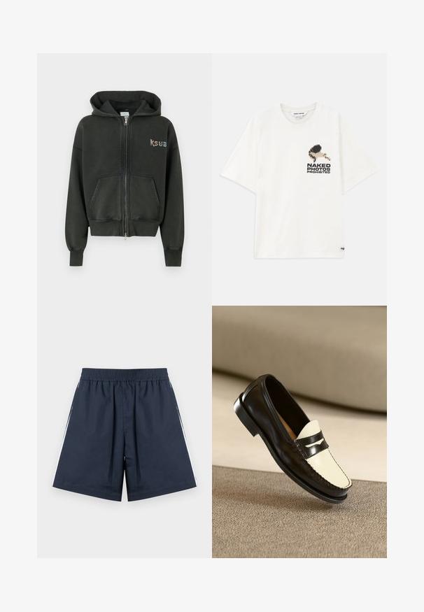 Sweat à capuche zippé vert foncé avec une texture douce, poches kangourou et un petit logo "ksub" multicolore sur le côté gauche.; T-shirt en coton blanc avec un graphisme pixelisé d'une silhouette et le texte "PHOTOS NUES INTERDITES" sur le côté gauche. Manches courtes.; Shorts de sport bleu marine avec une taille élastique. Bandes latérales blanches, tissu léger et coupe ample avec jambes droites.; Mocassin en cuir noir avec un empeigne crème et des rayures noires, présentant un petit talon et des coutures détaillées le long des bords.