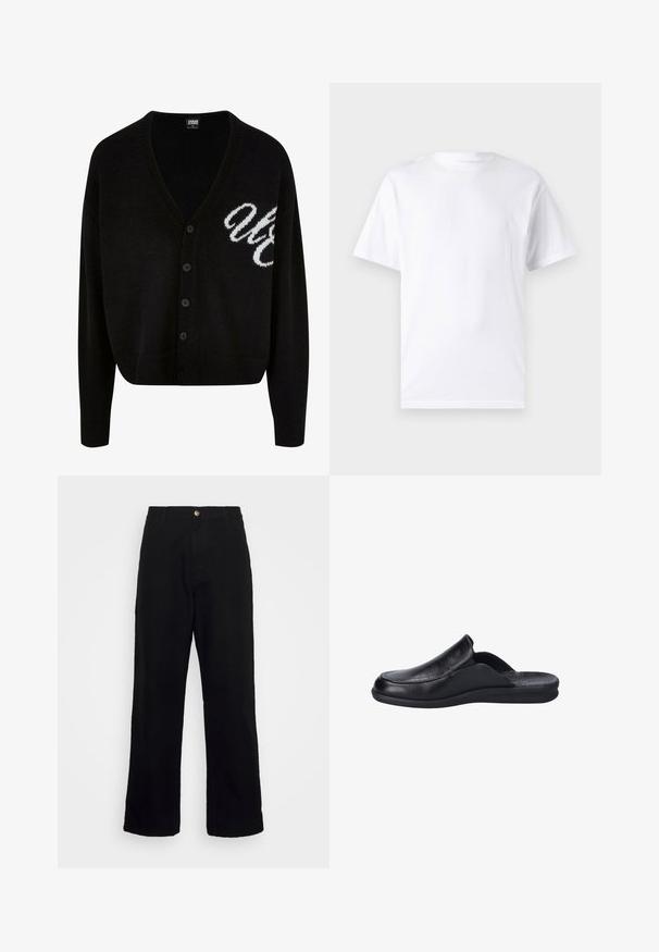 Cárdigan negro de punto con diseño de cuello en V, cierre de botones y puños acanalados. Letras blancas bordadas en el lado izquierdo, ajuste corto.; Camiseta blanca de manga corta hecha de algodón con cuello redondo, que presenta una textura suave y un diseño simple sin patrones ni acentos.; Pantalones negros de tela pesada, con un diseño de pierna recta, bolsillos frontales, cierre de cremallera y un solo botón metálico.; Zapato negro tipo mocasín hecho de cuero con una textura suave, con puntera redondeada y suela de goma flexible. Diseño minimalista sin herrajes.