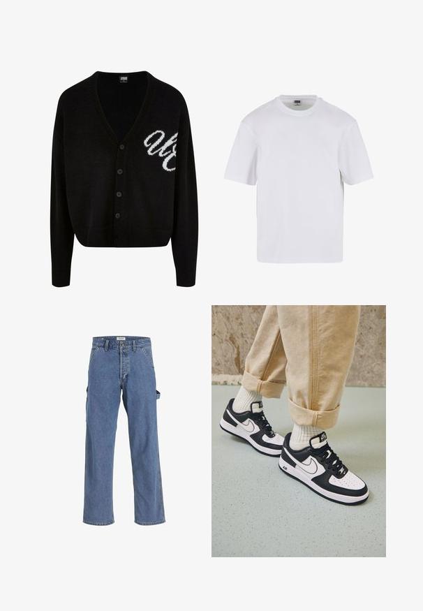 Sort strikket cardigan med v-hals, knaplukning og ribbede manchetter. Broderet hvid skrift på venstre side, cropped pasform.; Hvid kortærmet t-shirt lavet af bomuld. Har en rund halsudskæring og en afslappet pasform. Glat tekstur, minimalistisk design, ingen mønstre eller accenter.; Lyseblå denim cargo bukser med en afslappet pasform, der har flere lommer, en knaplukning og frynsekanter. Tekstureret stof, casual stil.; Sorte og hvide Nike Air Force 1 sneakers med læderoverdel, perforeret tå og tekstureret såldetalje, båret med rullede beige bukser og hvide sokker.