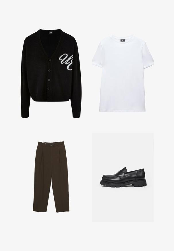 Cardigan noir en tricot avec un design en V, fermeture à boutons et poignets côtelés. Lettrage blanc brodé sur le côté gauche, coupe courte.; T-shirt blanc uni à manches courtes, col rond, avec une étiquette noire Pull&Bear à l'intérieur du col, présenté sur fond blanc.; Pantalons ajustés marron foncé avec des plis à l'avant, passants de ceinture et fermeture à bouton à la taille.; Mocassin en cuir noir avec semelle épaisse crantée et détail de bride penny, présenté en profil droit sur fond blanc.