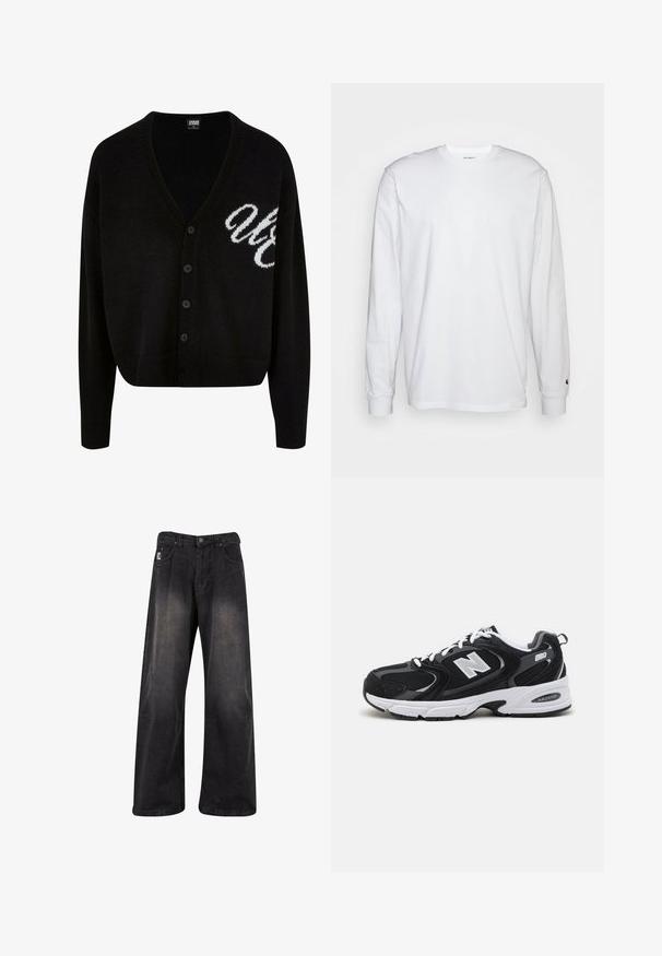 Sort strikket cardigan med v-hals, knaplukning og ribbede manchetter. Broderet hvid skrift på venstre side, cropped pasform.; Hvid langærmet T-shirt lavet af bomuld. Rund halsudskæring med ribbede manchetter og et lille logo på venstre ærme. Glat tekstur.; Sorte bukser i denim med brede ben og en falmet finish, der har knaplukning, fem lommer og et mærke på fronten til venstre.; Sorte og grå sportssko med mesh og ruskind på overdelen, der har en hvid mellemsål, snørebånd og et iøjnefaldende "N" logo på siden.
