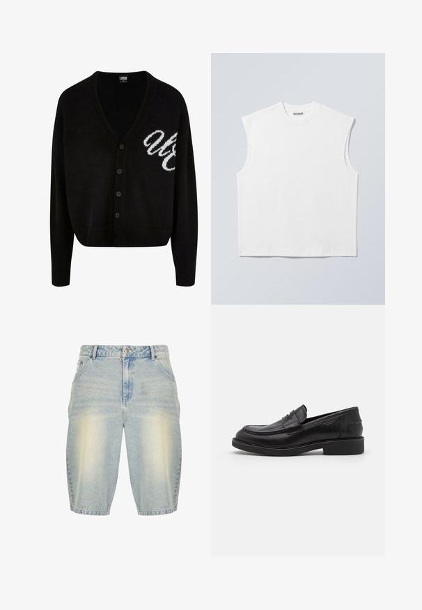 Zwarte gebreide cardigan met een v-hals ontwerp, knoopsluiting en geribde manchetten. Geborduurde witte letters aan de linkerzijde, cropped fit.; Wit mouwloos katoenen top met ronde hals en gestructureerde schouders, met het merk "WEEKDAY" op het label in de kraag, afgebeeld op een lichtgrijze achtergrond.; Lichtblauwe denim shorts met een vervaagde wassing, met een klassiek vijf-pocket ontwerp, riemlussen en een recht model.; Zwarte leren loafers met een ronde neus, ton-sur-ton stiksels en een banddetail aan de voorkant. Rubberen zool met een lage hak.