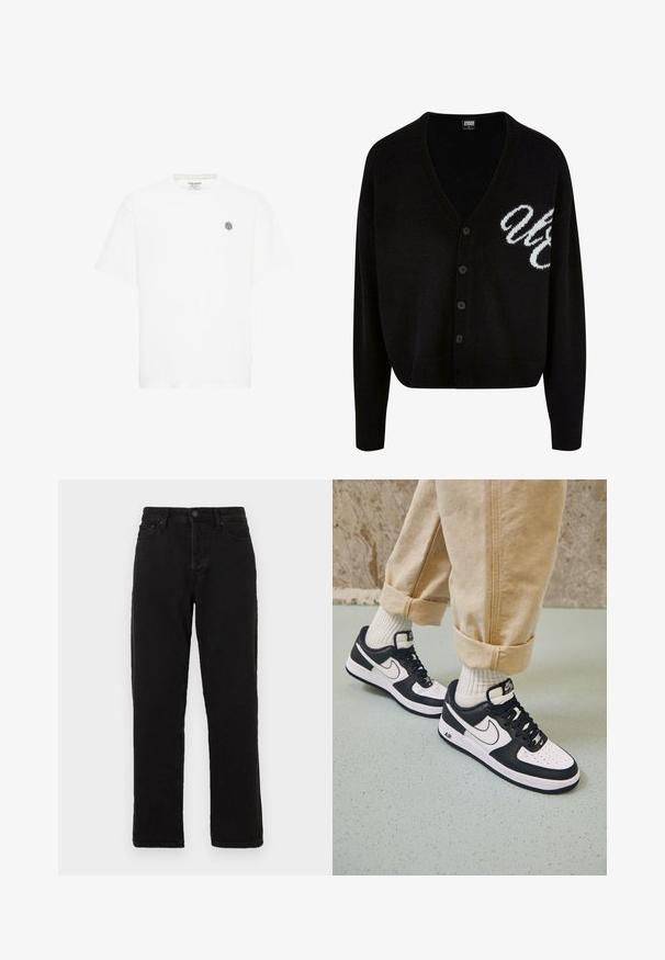 Schwarze Strickjacke mit V-Ausschnitt, Knopfverschluss und gerippten Bündchen. Bestickte weiße Schriftzüge auf der linken Seite, cropped Fit.; Weißes Kurzarm-T-Shirt mit Rundhalsausschnitt und einem kleinen grauen geometrischen Logo auf der linken Brust. Hergestellt aus weichem Baumwollmaterial.; Schwarze Jeans aus Denim mit geradem Bein, ausgestattet mit einem Knopfverschluss, Gürtelschlaufen und klassischem Fünf-Taschen-Stil.; Schwarz-weiße Nike Air Force 1 Sneaker mit einem Obermaterial aus Leder, perforierter Zehenpartie und strukturiertem Sohlendesign, getragen mit aufgerollten beigen Hosen und weißen Socken.