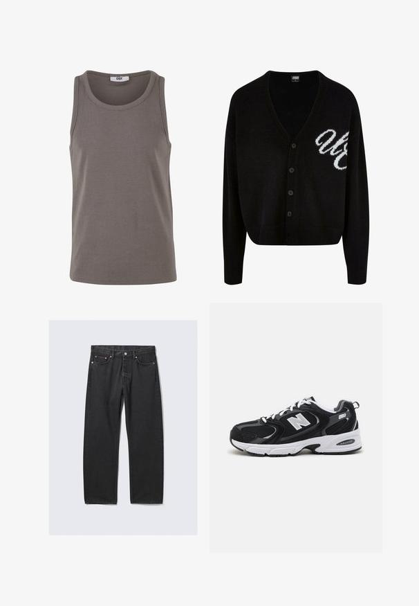 Cardigan noir en tricot avec un design en V, fermeture à boutons et poignets côtelés. Lettrage blanc brodé sur le côté gauche, coupe courte.; Débardeur gris à côtes avec un col rond et de larges emmanchures. Fabriqué en tissu extensible, il présente une coupe régulière et un design minimaliste.; Jean noir droit avec cinq poches et une fermeture bouton à la taille, posé à plat sur un fond clair.; Baskets de sport noires et grises avec un tige en mesh et en suède, présentant une semelle intermédiaire blanche, des lacets et un logo "N" audacieux sur le côté.