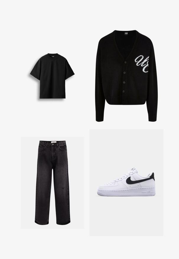 Sort strikket cardigan med v-hals, knaplukning og ribbede manchetter. Broderet hvid skrift på venstre side, cropped pasform.; Sort T-shirt med korte ærmer og rund hals, lagt fladt mod en hvid baggrund med en synlig lille nakkemærke.; Sorte denim jeans med bred benpasform, der har fem lommer, en syet talje og en diskret logodetalje nær knæet.; Hvide lædersneakers med en struktureret sort Swoosh, flade snørebånd og en gummisål med et rillemønster. "AIR" er præget på hælen.