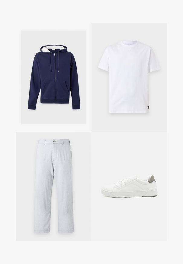 Marineblauer Kapuzenpullover mit Reißverschluss vorne, Fronttaschen, verstellbarer Kordelzugkapuze und weißem Innenfutter in der Kapuze.; Schlichtes weißes T-Shirt mit kurzen Ärmeln und Rundhalsausschnitt mit einem kleinen schwarzen Pflegeetikett am unteren Saum auf hellgrauem Hintergrund.; Helle graue, gerade geschnittene Hose aus strukturiertem Stoff. Verfügt über einen Frontknopfverschluss und Gürtelschlaufen. Keine sichtbaren Muster oder Akzente.; Weißer Sneaker aus glattem Leder, runde Zehenpartie, minimalistisches Design, graue Fersenkante und strukturierte Gummisohle.