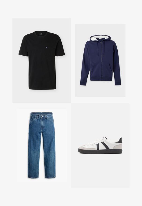 Marineblauer Kapuzenpullover mit Reißverschluss vorne, Fronttaschen, verstellbarer Kordelzugkapuze und weißem Innenfutter in der Kapuze.; Schwarzes T-Shirt mit kurzen Ärmeln und Rundhalsausschnitt, mit Brusttasche und kleinem blau-weißem GAP-Logo.; Blaue Jeans mit geradem Bein, Vordertaschen, Gürtelschlaufen, Metallknopf und Reißverschluss auf weißem Hintergrund.; Weiße Sneaker mit schwarz- und grau-aczenten, ausgestattet mit einer strukturierten grauen Zehenkappe, schwarzer Gummi-Sohle und flachen weißen Schnürsenkeln. Sauberes Design, minimalistische Stil.