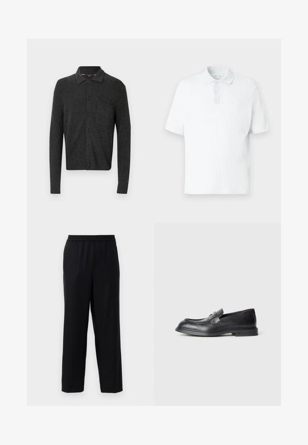 Cárdigan de punto gris oscuro con cuello, cinco botones y un bolsillo en el pecho. Presenta una textura acanalada y un sutil detalle de logo en el puño.; Camiseta tipo polo en azul claro, confeccionada con tela texturizada. Presenta un cuello corto con cierre de botón, mangas cortas y un ajuste holgado.; Pantalones negros con cintura elástica, diseño de pierna recta y una tela suave y ligera. Sin bolsillos visibles ni patrones.; Mocasines de cuero negro con acabado texturizado, que cuentan con una correa decorativa en la parte delantera y punta redondeada. Suela de goma para mayor durabilidad.