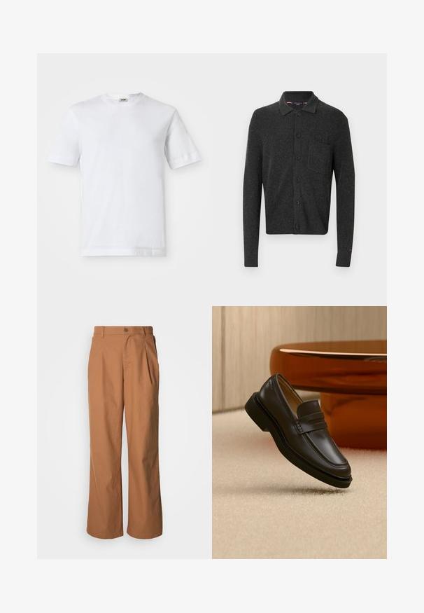 Cardigan tricoté gris foncé avec un col, cinq boutons et une poche poitrine. Présente une texture côtelée et un détail de logo subtil sur le poignet.; T-shirt en coton blanc à manches courtes, col rond et texture lisse. Aucun motif ni accent visible.; Pantalon à jambes larges en tissu marron chaud, avec fermeture à boutons sur le devant, plis subtils et coupe droite pour une tenue décontractée.; Mocassin en cuir noir flottant au-dessus d'un tapis beige avec des meubles arrondis marron en arrière-plan.