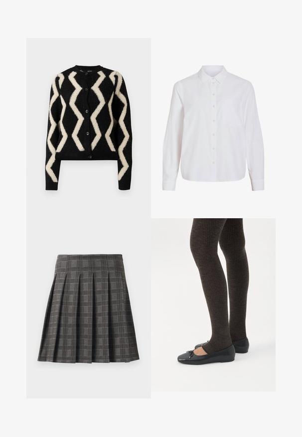 Cardigan noir avec une texture duveteuse, présentant un motif en zigzag crème. Cinq boutons noirs à l'avant et des manches longues.; Chemise blanche à manches longues, boutonnage frontal, col classique, poche poitrine unique, confectionnée dans un tissu lisse et léger avec une coupe décontractée.; Jupe plissée à motif écossais gris, fabriquée à partir d'un tissu texturé. Elle présente des plis verticaux et un ourlet droit.; Jambes portant des leggings côtelés foncés associés à des ballerines noires avec de petits détails en nœud sur fond blanc.