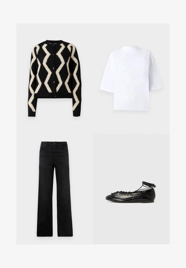 Cardigan noir avec une texture duveteuse, présentant un motif en zigzag crème. Cinq boutons noirs à l'avant et des manches longues.; Haut blanc en coton à manches courtes avec un col montant et arrondi et une coupe ample. Texture lisse, sans motifs ni accents visibles.; Jean en denim noir à jambe large avec un design classique à cinq poches, doté d'une fermeture à bouton et d'une texture subtile. Lignes épurées et embellissements minimalistes.; Ballerines en cuir verni noir avec un bout rond, un design à lacets et une semelle plate. Texture lisse avec peu de détails.