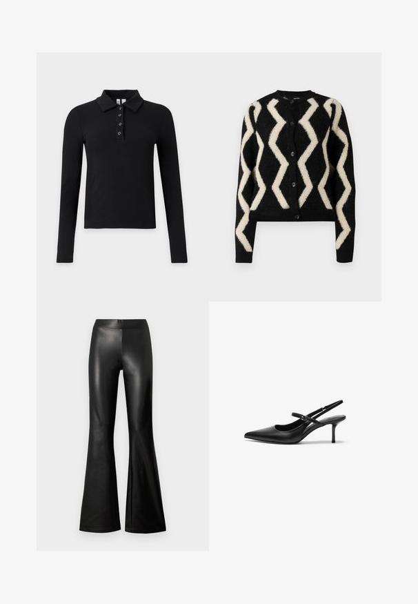 Sort cardigan med en blød tekstur, der har et zigzag-mønster i creme. Fem sorte knapper foran og lange ærmer.; Sort langærmet ribbet polo-skjorte med krave og fire metaløje-knapper på klappen.; Sort flared bukser lavet af glat, blankt kunstlæder; har en høj talje og en tætsiddende silhuet, der udvider sig ved kanten.; Sorte læder slingback hæle med spids tå, slank justerbar rem og en stiletto hæl på cirka 5 cm, glat tekstur.