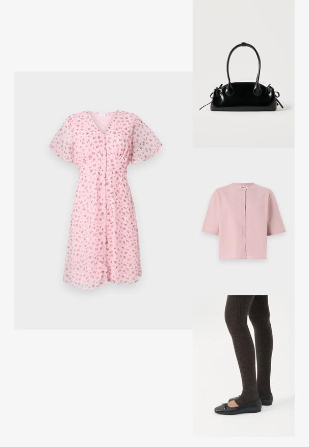 Cardigan léger rose clair à manches courtes, avec un col rond, une fermeture à boutons et un tissu doux et texturé. Design simple sans motifs visibles.; Robe fleurie rose avec des manches courtes flottantes, décolleté en V et boutonnage sur le devant. Le tissu semble léger avec une texture douce et transparente.; Jambes portant des leggings côtelés foncés associés à des ballerines noires avec de petits détails en nœud sur fond blanc.; Petit sac à main noir brillant avec deux longues anses et des détails à cordon sur les côtés sur un fond clair uni.