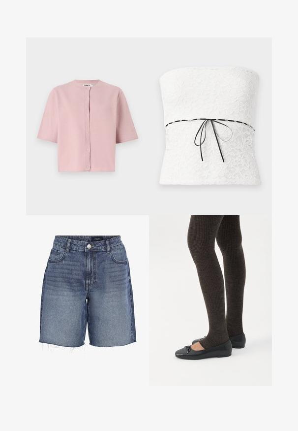 Cardigán de manga corta, color rosa claro, con escote redondo, cierre de botones y una tela suave y texturizada. Diseño sencillo sin patrones visibles.; Top sin tirantes de encaje blanco con un patrón floral y un lazo negro en la cintura, que muestra un acabado texturizado.; Pantalones cortos de mezclilla en azul oscuro con un lavado descolorido, con cintura alta, bajo deshilachado y diseño de cinco bolsillos. Cierre con botón de metal en la parte delantera.; Piernas con leggings oscuros acanalados combinados con bailarinas negras que presentan pequeños detalles de lazo sobre un fondo blanco.