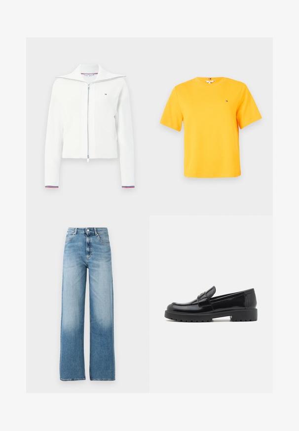 Cárdigan blanco de punto con cremallera, cuello ancho, textura acanalada y franjas de color rojo y azul en los puños. Presenta una cremallera plateada.; Camiseta de manga corta de color amarillo brillante con cuello redondo y pequeño logo rectangular en el pecho izquierdo.; Vaqueros de cintura alta, de pierna ancha y color azul claro. Fabricados en denim, con cierre de botón y cinco bolsillos. Se desvanecen hacia la parte inferior.; Mocasín de charol negro con punta redondeada, ligeros detalles de costura y una suela de goma gruesa y robusta. Presenta una correa decorativa en la parte superior.