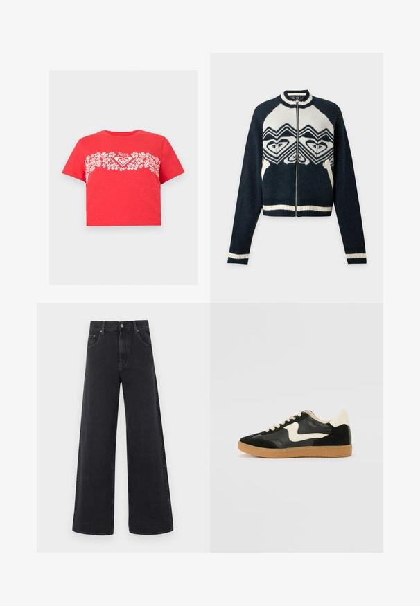 Pull zippé noir et blanc à manches longues, motifs géométriques en forme de cœur sur la poitrine, poignets et ourlet côtelés sur fond uni.; T-shirt rouge court avec bande florale blanche sur la poitrine et logo "Roxy" centré au-dessus du motif floral.; Jean en denim noir à taille haute, jambes larges, avec fermeture à boutons et zip à l'avant, passants pour ceinture, et design à cinq poches.; Baskets en daim et cuir noir avec un swoosh latéral crème et un talon crème clair. Dotées de lacets beige et d'une semelle en caoutchouc gomme.