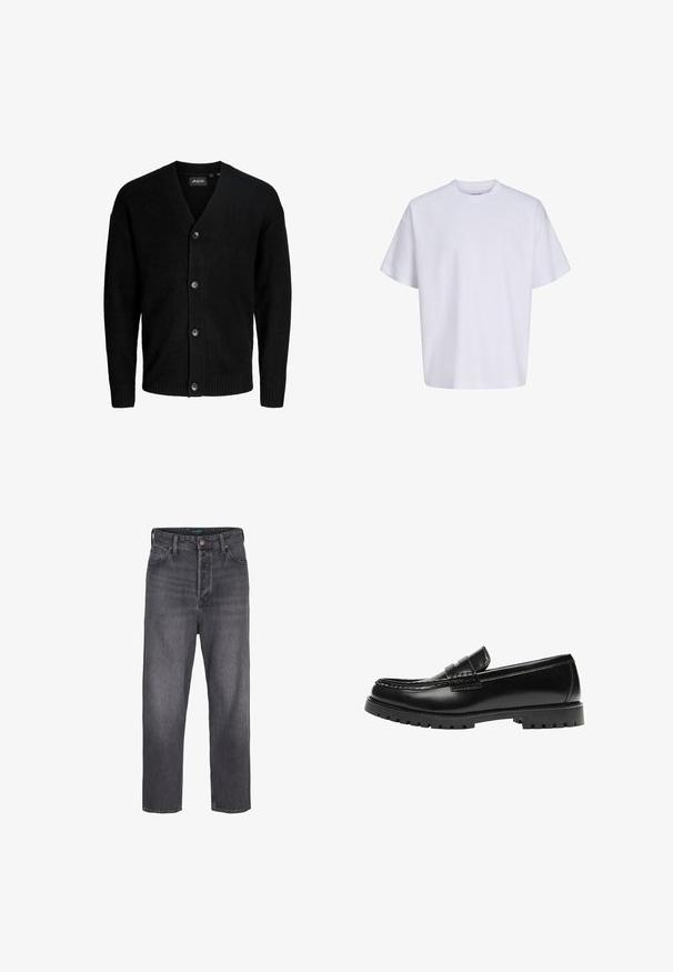 Schwarze Strickjacke aus weichem Material mit einem V-Ausschnitt, sechs Knöpfen auf der Vorderseite sowie gerippten Bündchen und Saum. Schlichtes Design.; Schlichtes weißes oversized T-Shirt mit kurzen Ärmeln, Rundhalsausschnitt und lockerem Sitz vor weißem Hintergrund.; Dunkelgraue Denim-Jeans mit geradem Bein, hoher Taille, Fünf-Taschen-Styling und leichter Ausbleichung. Metallknopf und Reißverschluss. ; Schwarzer Leder-Slipper mit dicker Gummisohle und klassischem Penny-Detail an der Riemen, von der Außenseite gezeigt.