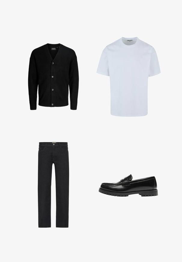 Sort cardigan lavet af blødt materiale, med V-udskæring, seks knapper ned foran og ribbede manchetter og kant. Simpelt design.; Hvid t-shirt med korte ærmer lavet af bomuld, med rund hals og lige pasform, med en glat overflade og uden synlige mønstre eller grafik.; Sorte lige ben jeans lavet af denim, der har en knaplukning i taljen, fem lommer og et minimalistisk design uden synlige mønstre.; Sort læderloafer med en kraftig gummisål og klassiske penny-strap detaljer, vist fra ydersiden.