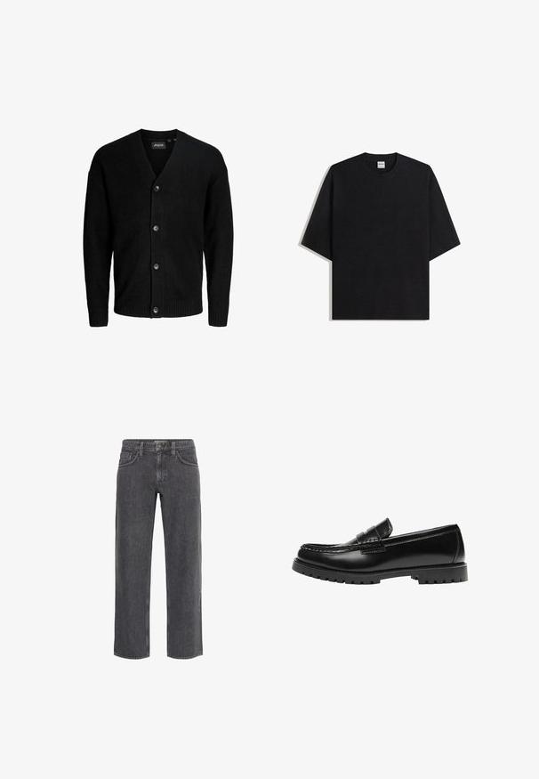 Cardigan noir en matière douce, avec un col en V, six boutons sur le devant, et des poignets et un ourlet côtelés. Design simple.; T-shirt noir surdimensionné à col rond avec manches courtes, vue à plat sur fond blanc, étiquette Bershka visible à l'intérieur du col.; Jean en denim noir délavé, coupe droite, avec cinq poches et passants pour ceinture, fermeture avant par boutons, et coutures apparentes.; Mocassin en cuir noir avec une semelle en caoutchouc épaisse et un détail classique de bride à monnaie, vu de côté extérieur.